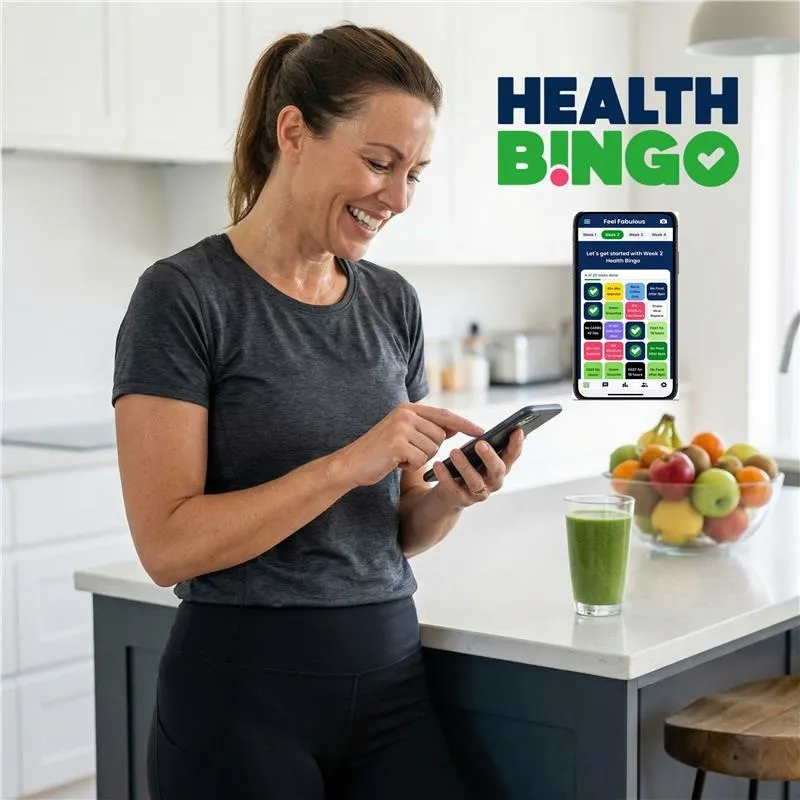 The Health Bingo app showing a colourful weekly bingo card of healthy habits